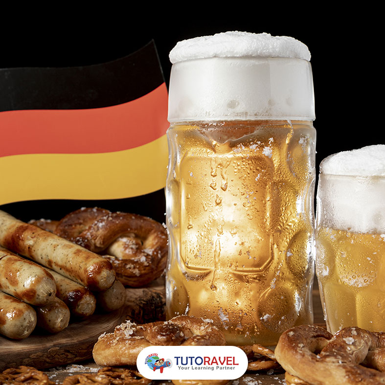 Camilan khas Bavaria Jerman dengan pretzel dan sosis tradisional