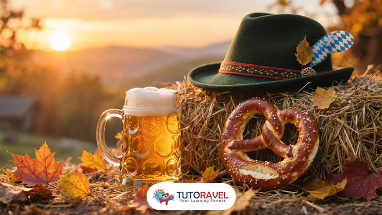 Suasana perayaan kuliner khas Jerman dengan pretzel dan atribut tradisional