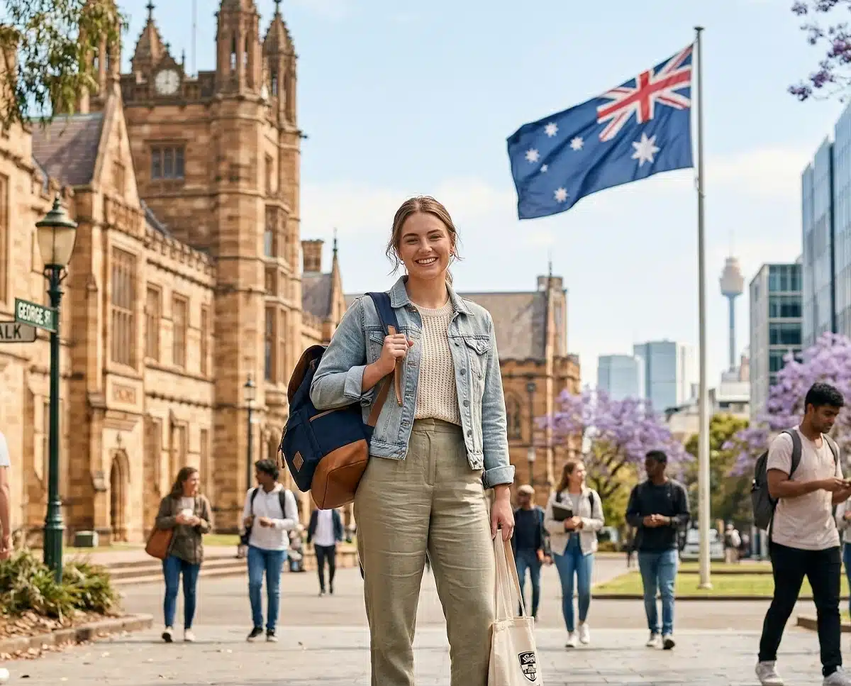Seorang mahasiswa tersenyum di sebuah kampus Australia, dikelilingi arsitektur klasik dan kehidupan kampus yang hidup. Di latar belakang, terlihat bendera Australia berkibar dan kota Sydney di kejauhan.
