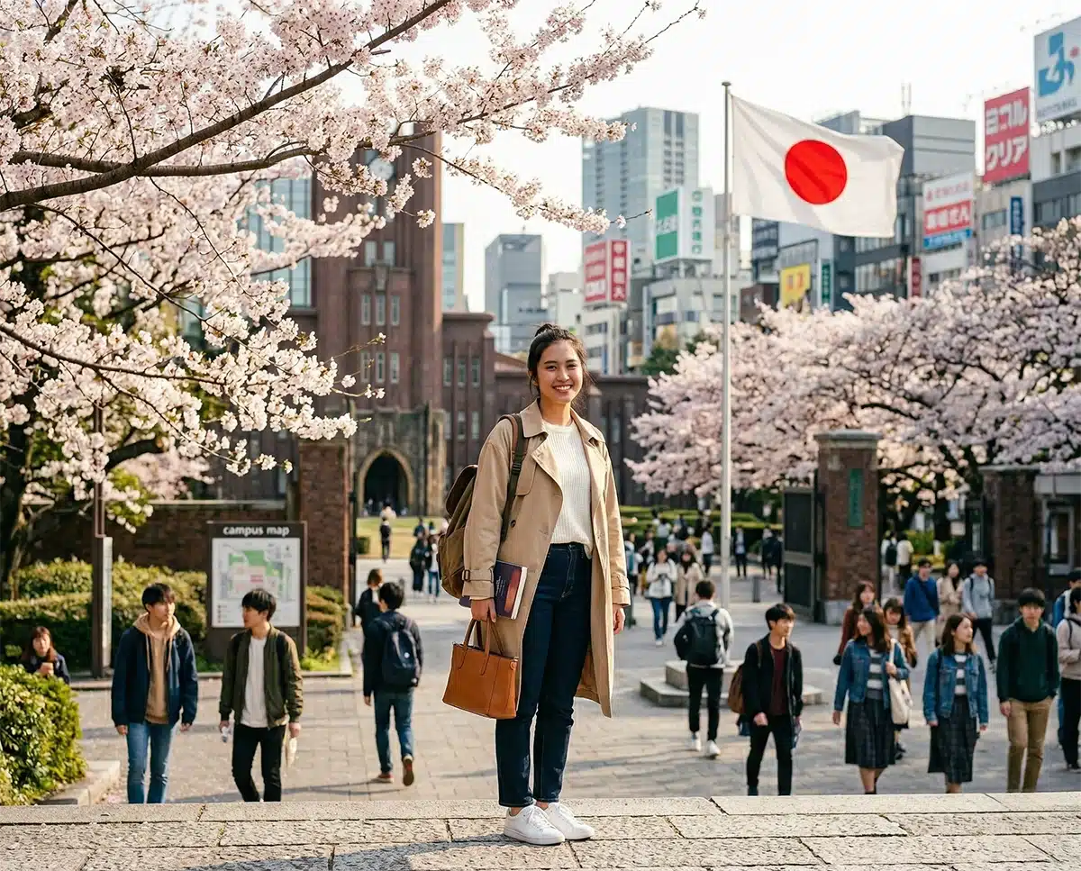 Seorang mahasiswi Indonesia tersenyum bahagia setelah berhasil mendaftar kuliah di Jepang melalui Tutoravel. Dia berpose di kampus universitas Jepang yang indah saat musim sakura. Gambar ini merepresentasikan kesuksesan pendaftaran studi ke Jepang bersama Tutoravel, agen pendidikan terpercaya.
